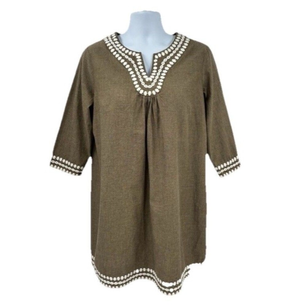 Boden Tunic Dress Size 2P Olive Green Embroidered Resort Cotton